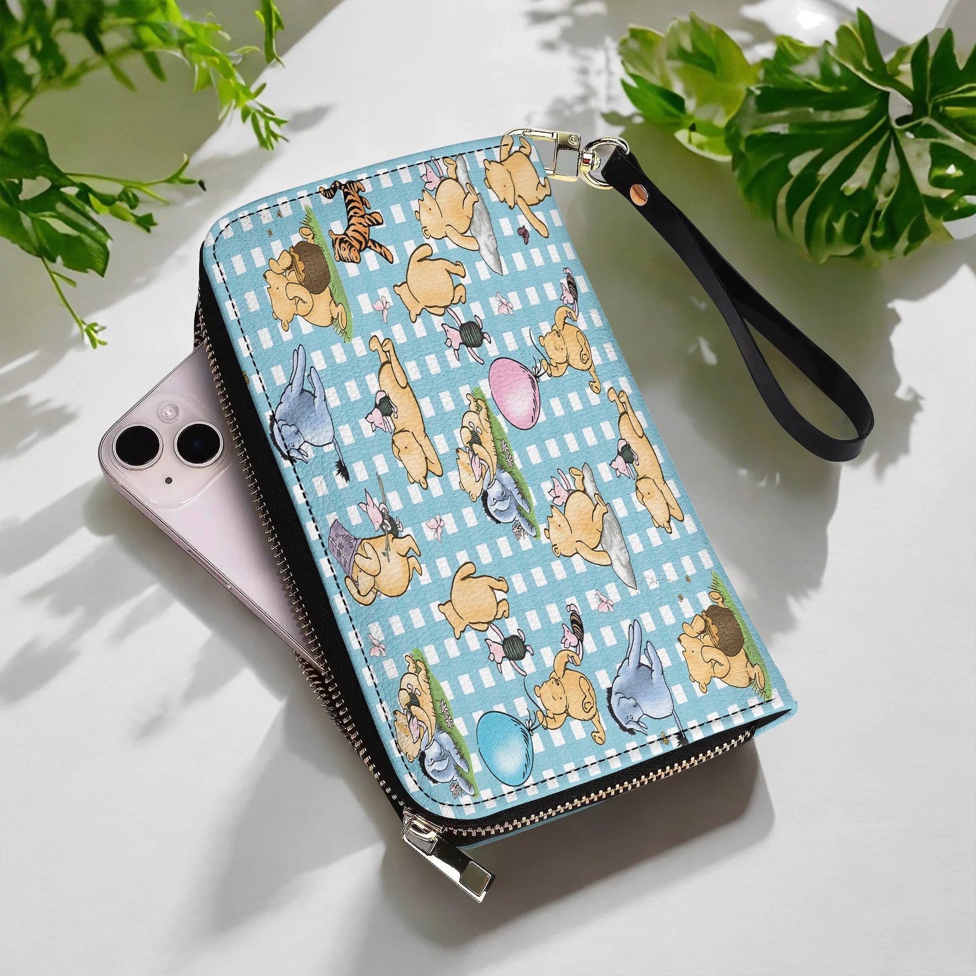  Leather Clutch Purse With Wristlet Strap Handle Winnie the Pooh Picnic