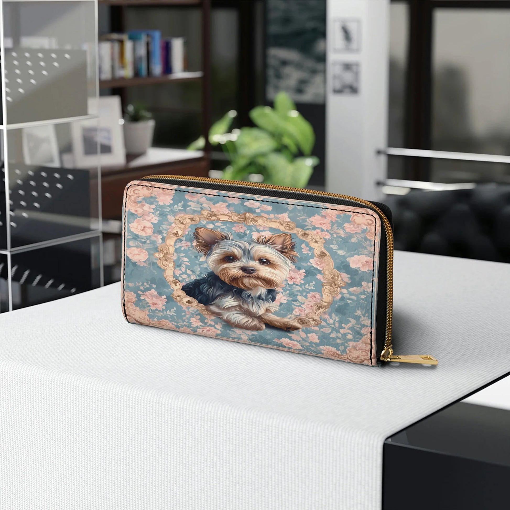  Leather Clutch Purse With Wristlet Strap Handle Yorkie Blossom Elegance