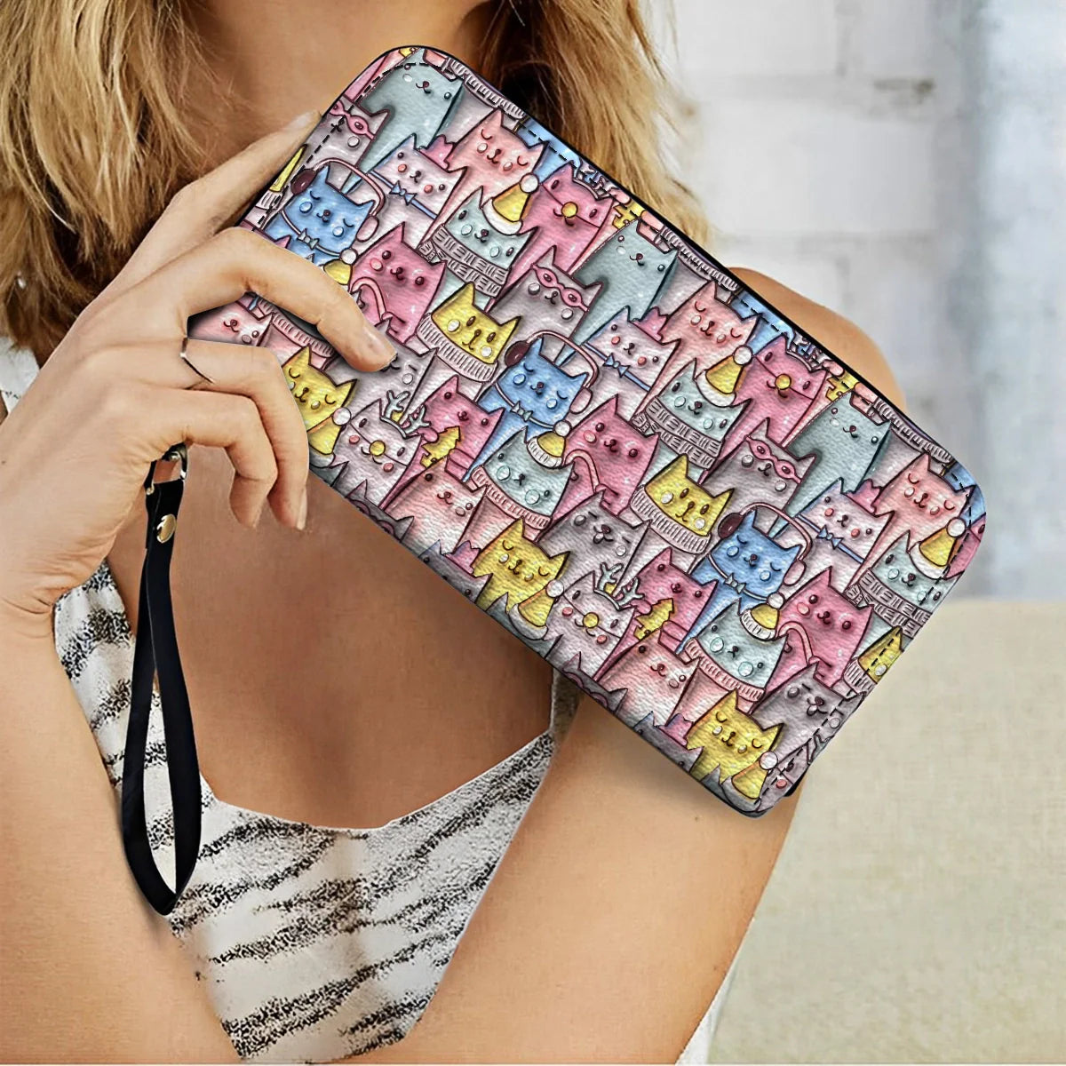  Leather Clutch Purse With Wristlet Strap Handle Cat 3D