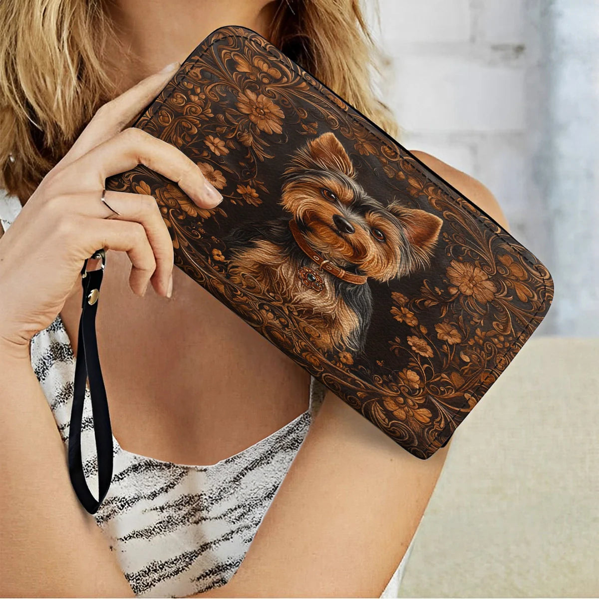  Leather Clutch Purse With Wristlet Strap Handle Timeless Yorkie Charm