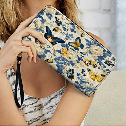  Leather Clutch Purse With Wristlet Strap Handle Butterfly Garden Royal