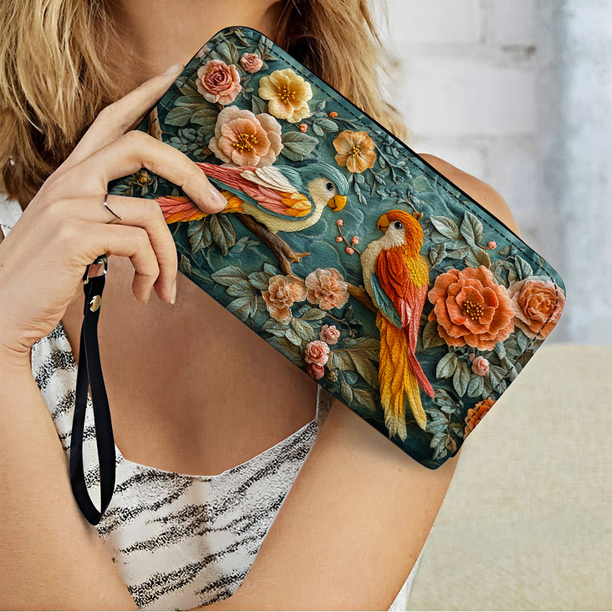  Leather Clutch Purse With Wristlet Strap Handle Ethereal Lovebirds