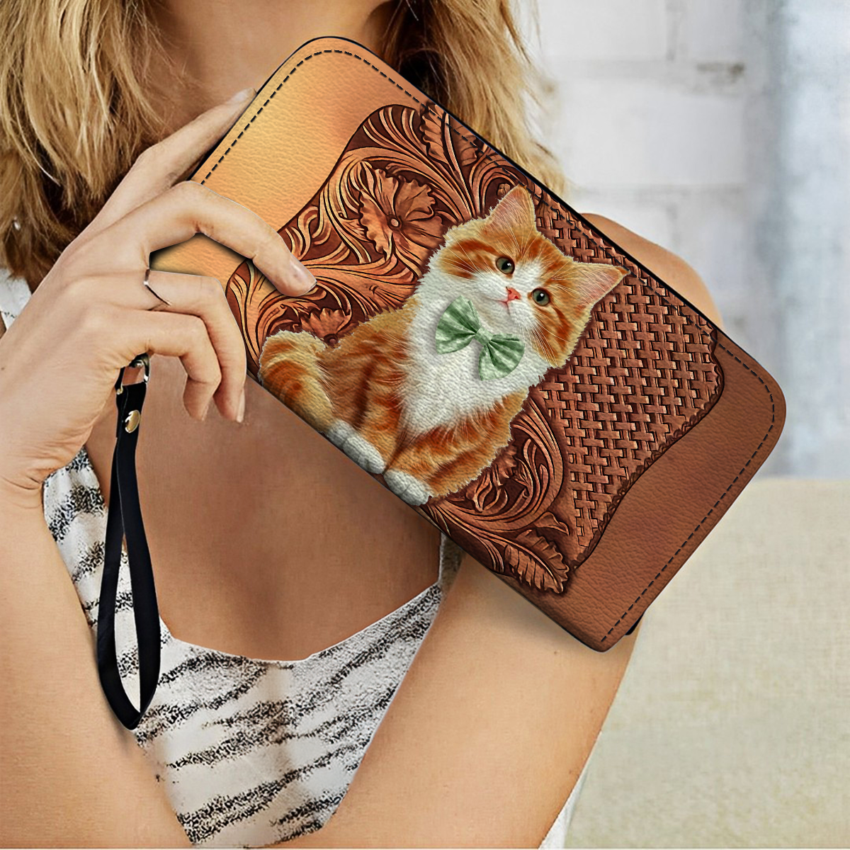  Leather Clutch Purse With Wristlet Strap Handle Charming Whiskers