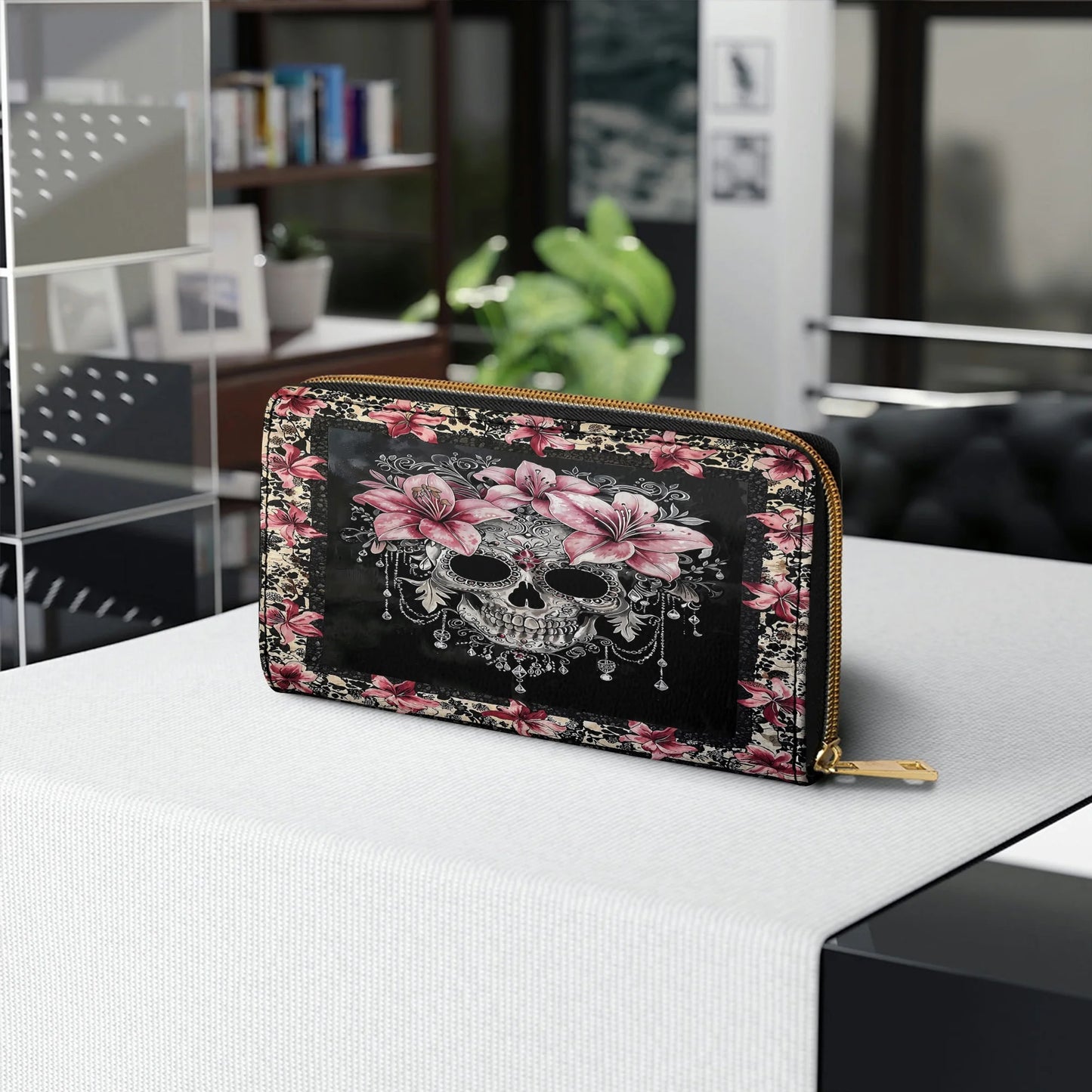  Leather Clutch Purse With Wristlet Strap Handle Beautiful Sugar Skull With Lilies
