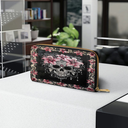  Leather Clutch Purse With Wristlet Strap Handle Beautiful Sugar Skull With Lilies