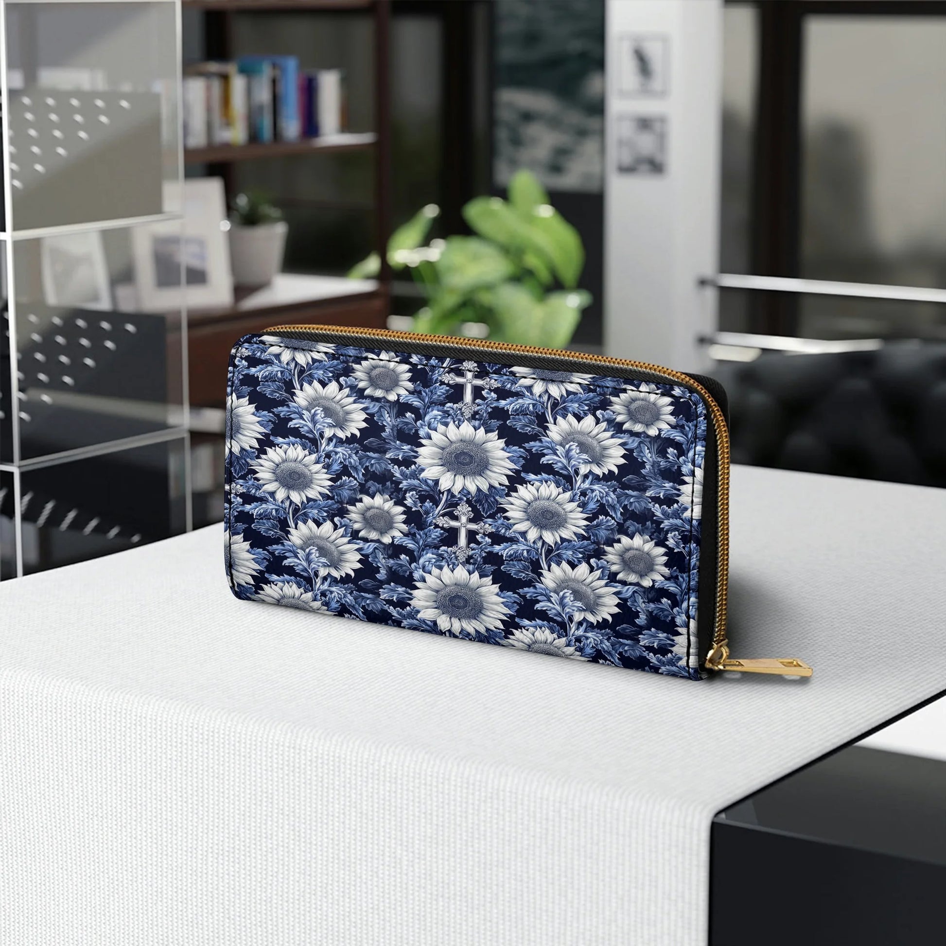  Leather Clutch Purse With Wristlet Strap Handle Midnight Blue Sunflower Cross