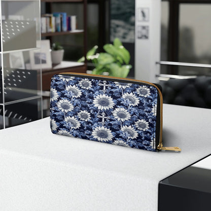  Leather Clutch Purse With Wristlet Strap Handle Midnight Blue Sunflower Cross