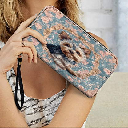  Leather Clutch Purse With Wristlet Strap Handle Yorkie Blossom Elegance