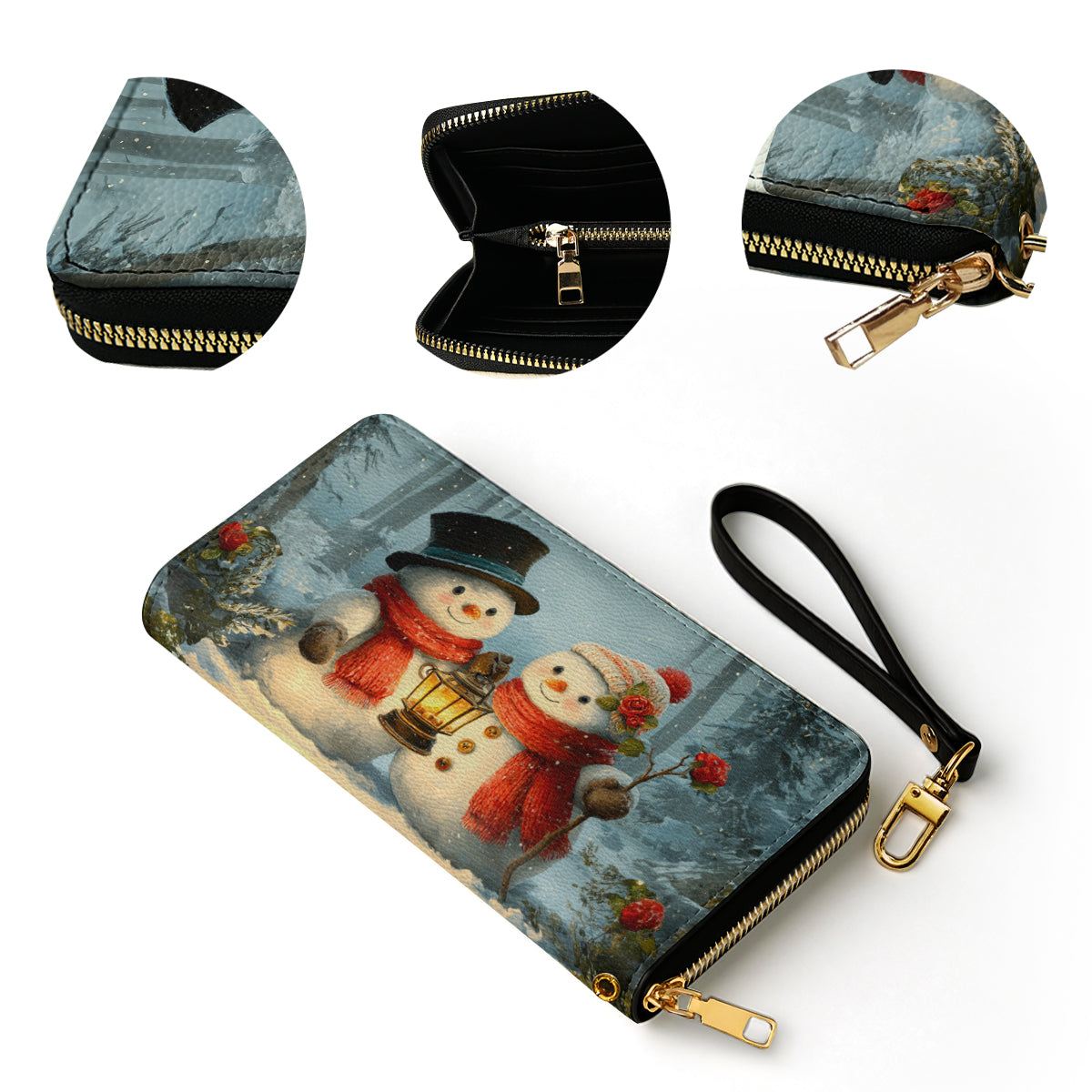  Leather Clutch Purse With Wristlet Strap Handle Snow Couple