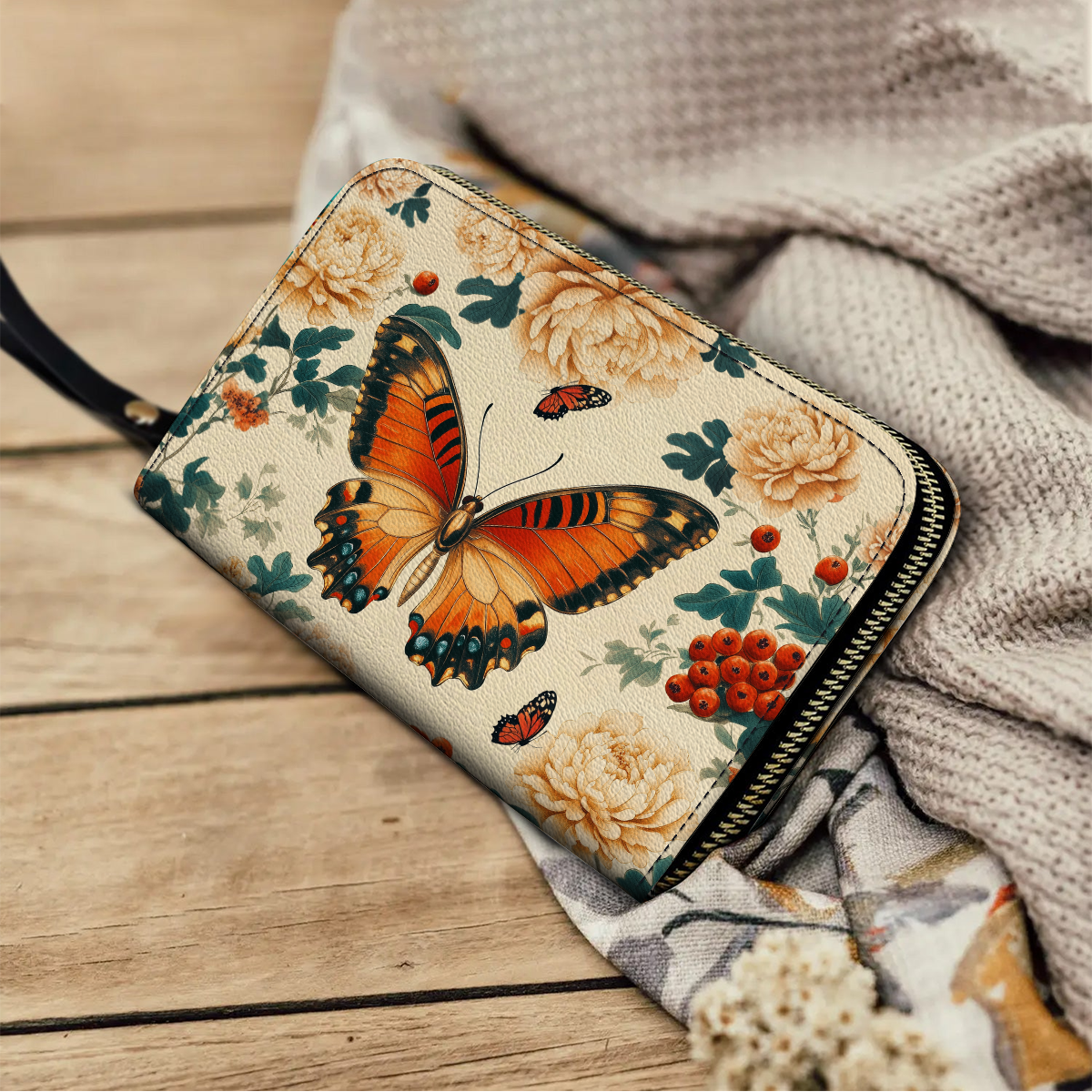  Leather Clutch Purse With Wristlet Strap Handle Enchanted Autumn Butterfly