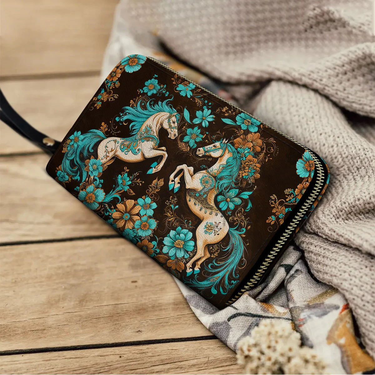  Leather Clutch Purse With Wristlet Strap Handle Mystic Horse Blossom