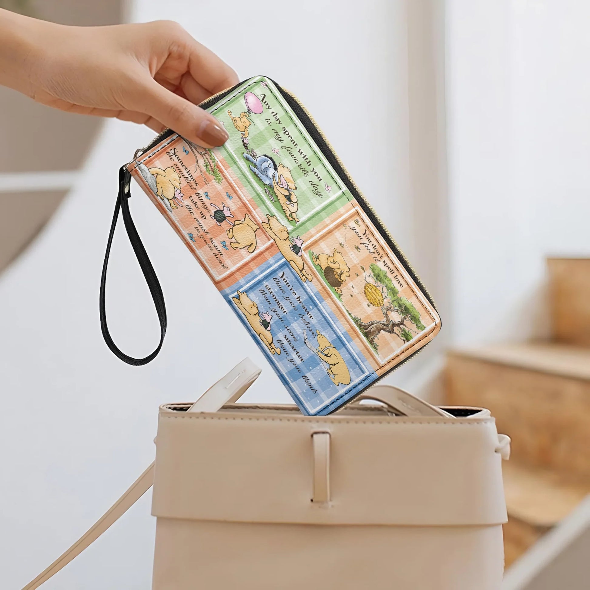  Leather Clutch Purse With Wristlet Strap Handle Winnie the Pooh Patchwork Bliss