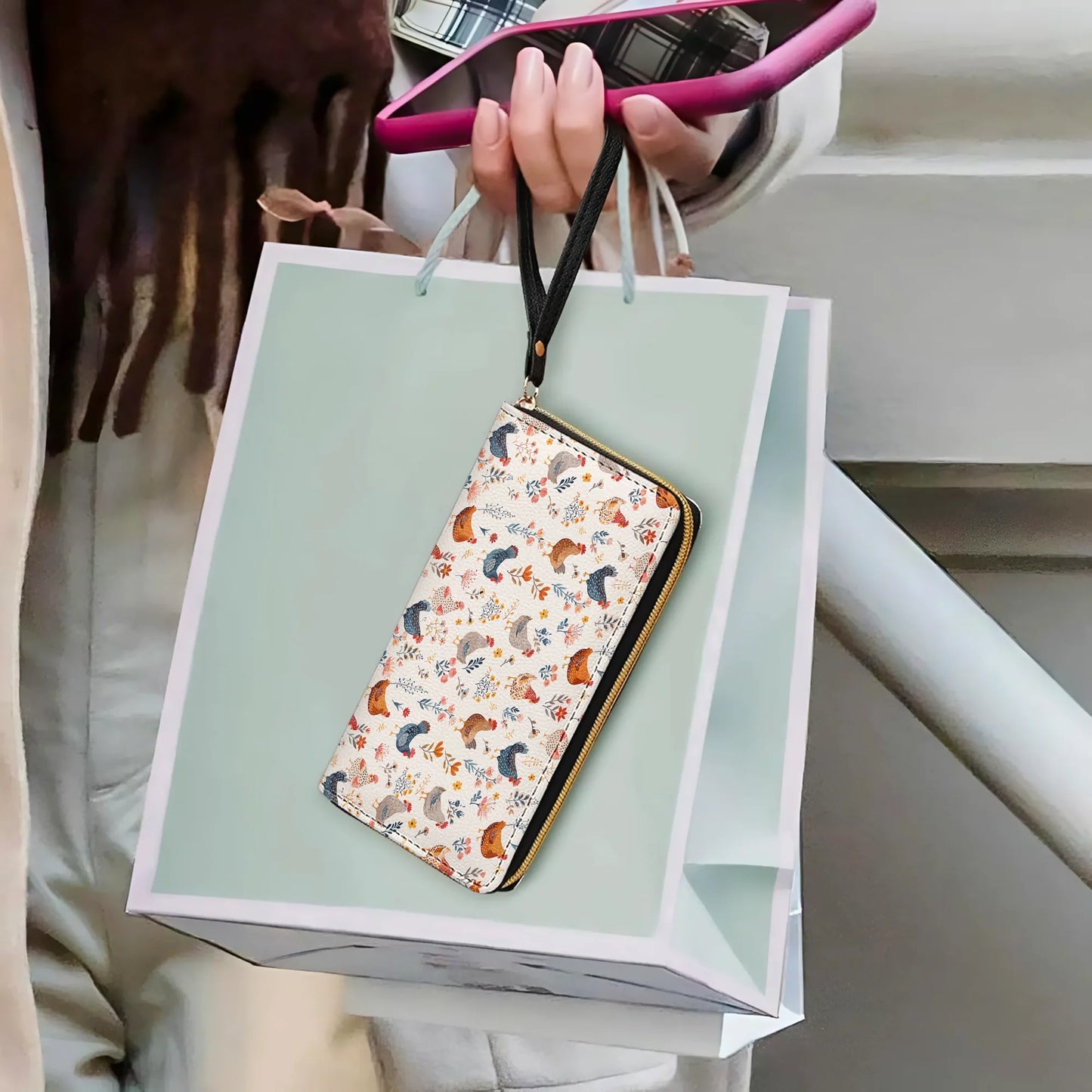  Leather Clutch Purse With Wristlet Strap Handle Chicken Flower