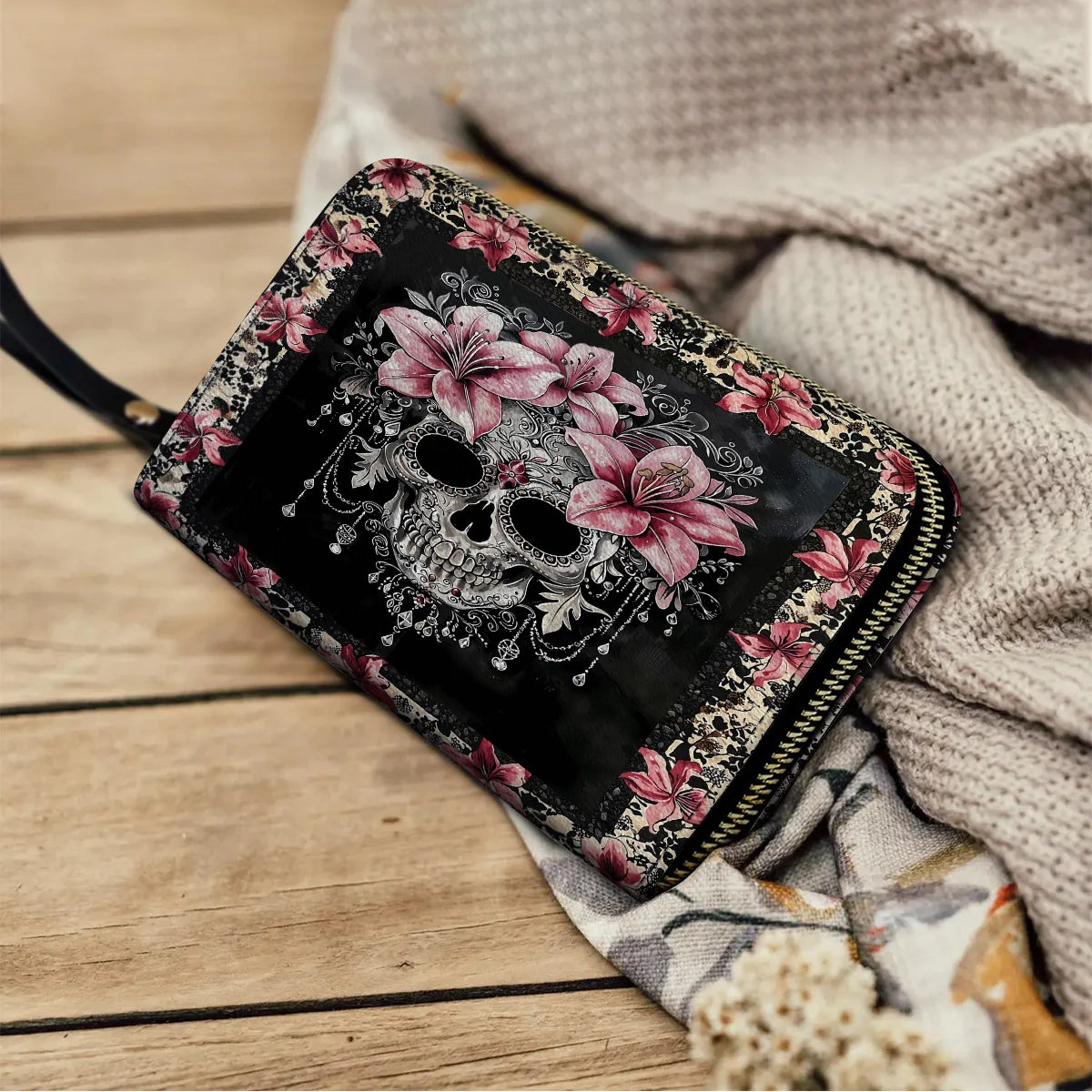  Leather Clutch Purse With Wristlet Strap Handle Beautiful Sugar Skull With Lilies