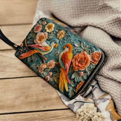  Leather Clutch Purse With Wristlet Strap Handle Ethereal Lovebirds