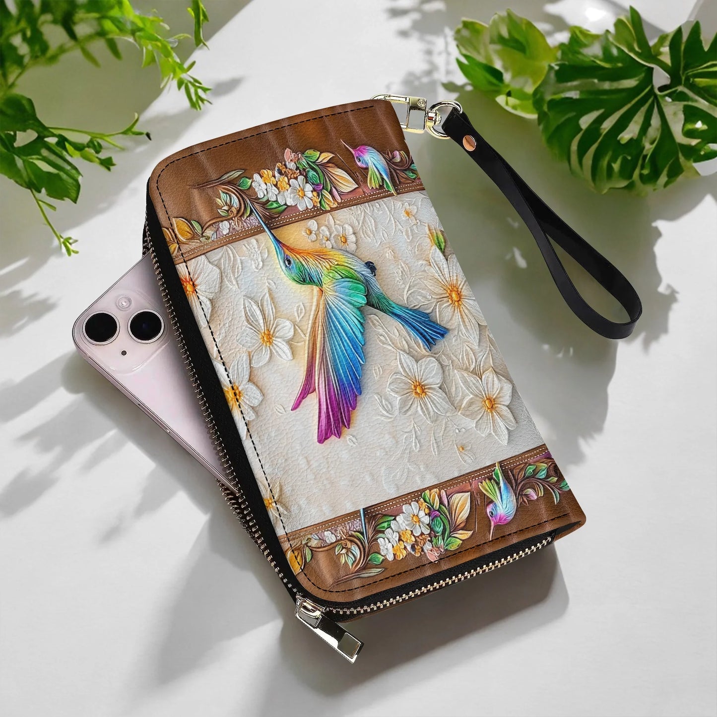  Leather Clutch Purse With Wristlet Strap Handle Fluttering Blooms