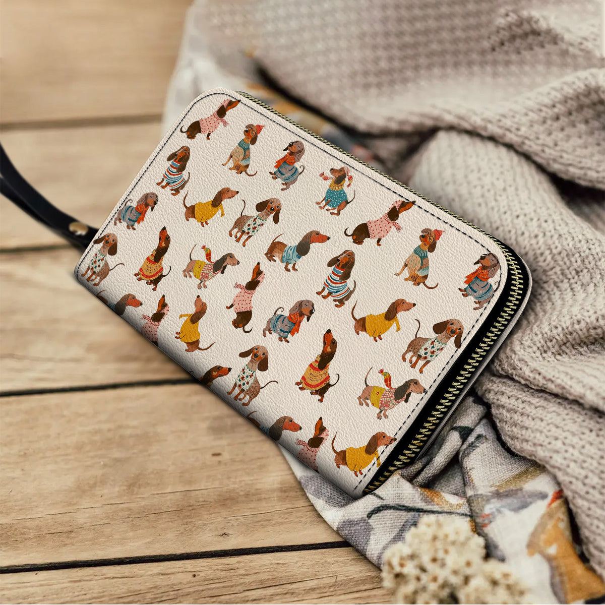  Leather Clutch Purse With Wristlet Strap Handle Dachshund Fashion Wiener