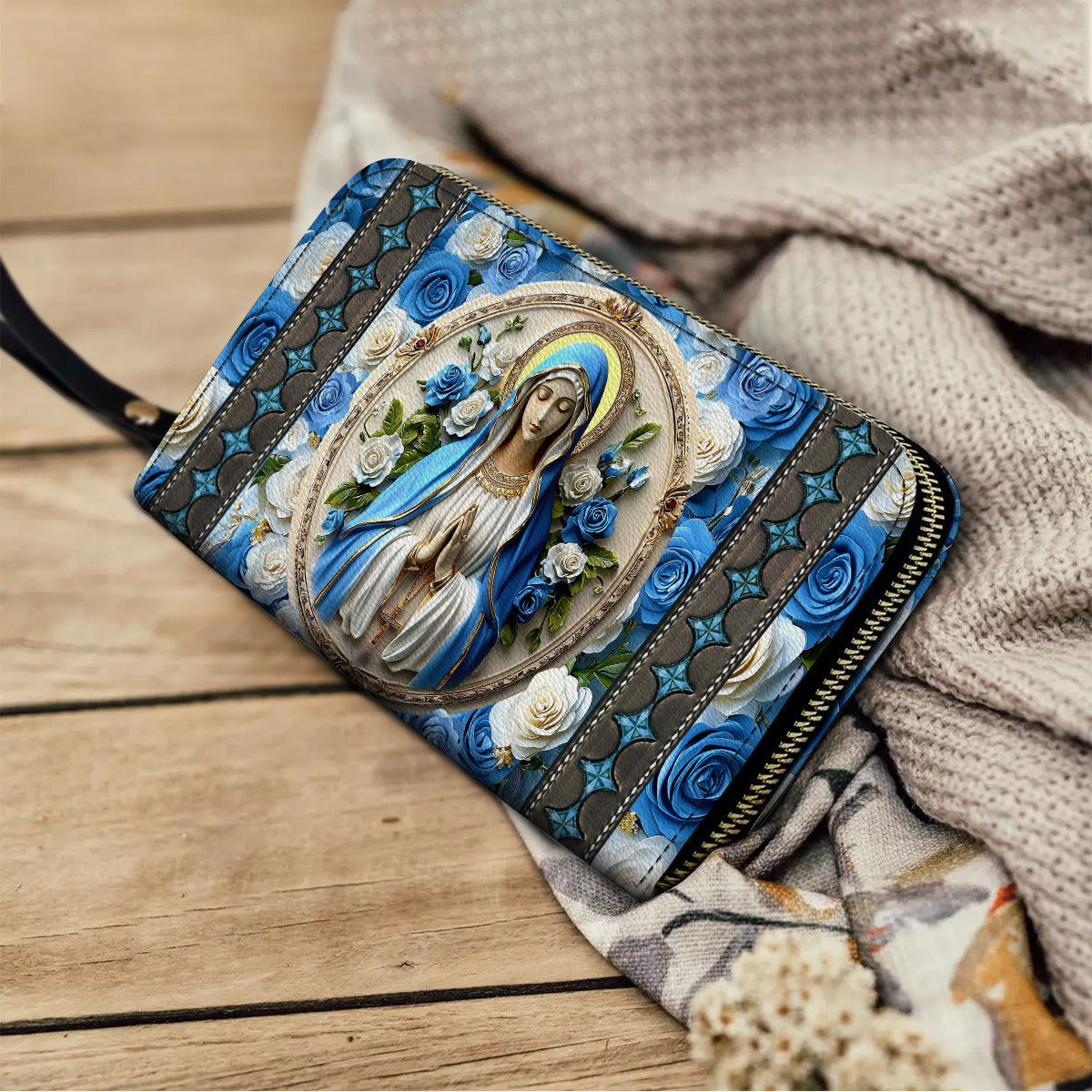  Leather Clutch Purse With Wristlet Strap Handle Peaceful Virgin Mary Roses