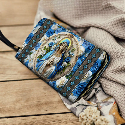  Leather Clutch Purse With Wristlet Strap Handle Peaceful Virgin Mary Roses
