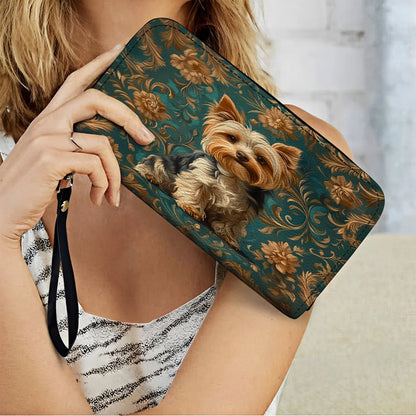  Leather Clutch Purse With Wristlet Strap Handle Regal Yorkie Elegance