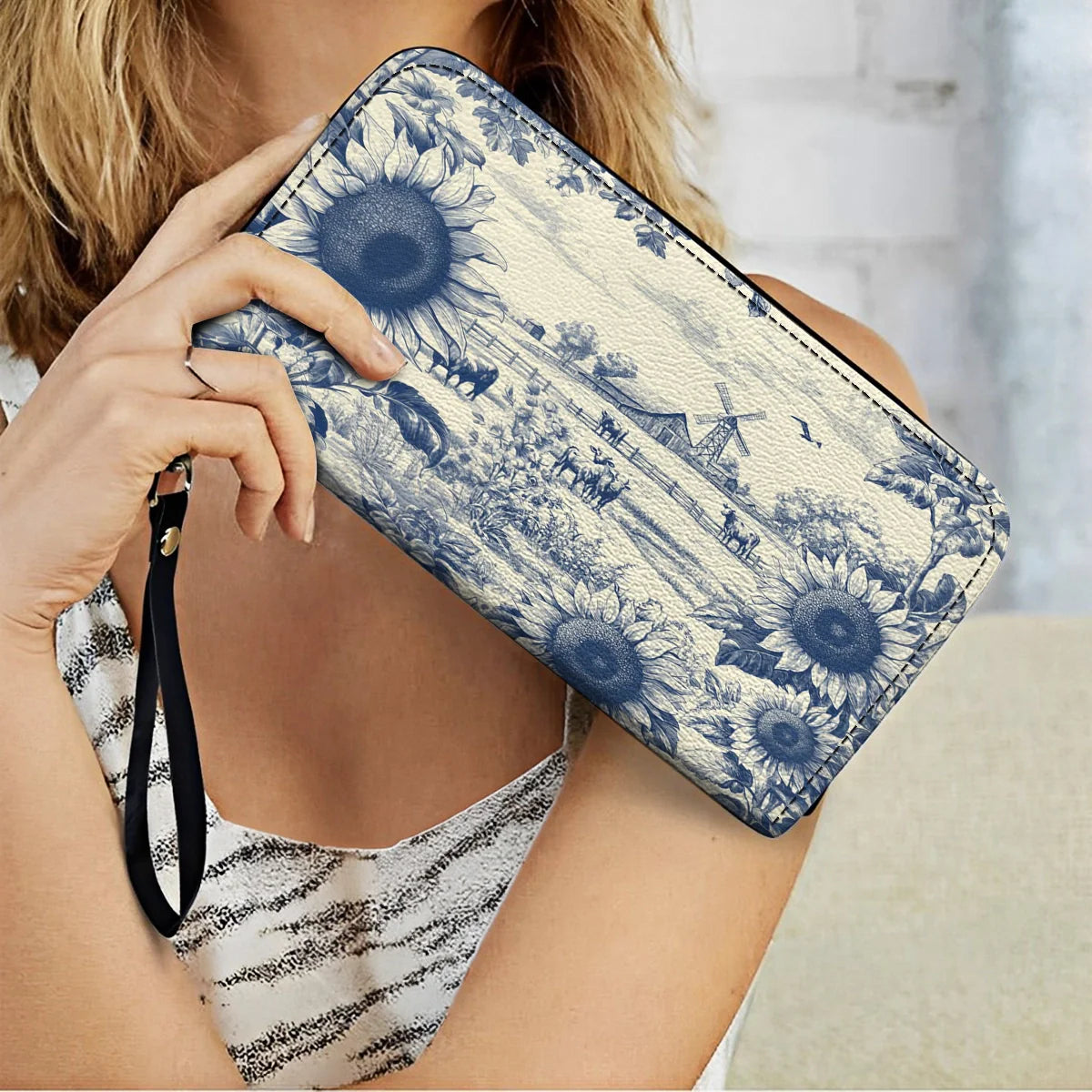 Leather Clutch Purse With Wristlet Strap Handle Sunflower Farm Breeze