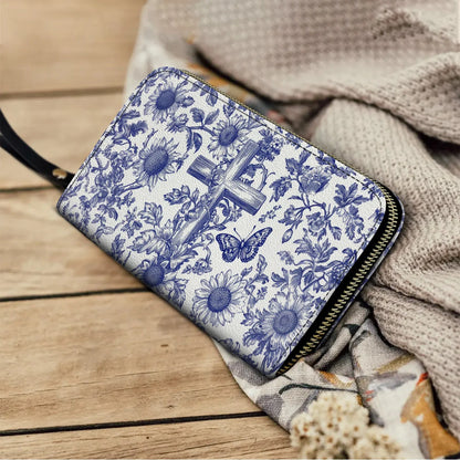  Leather Clutch Purse With Wristlet Strap Handle Sunflower & Cross Blessing