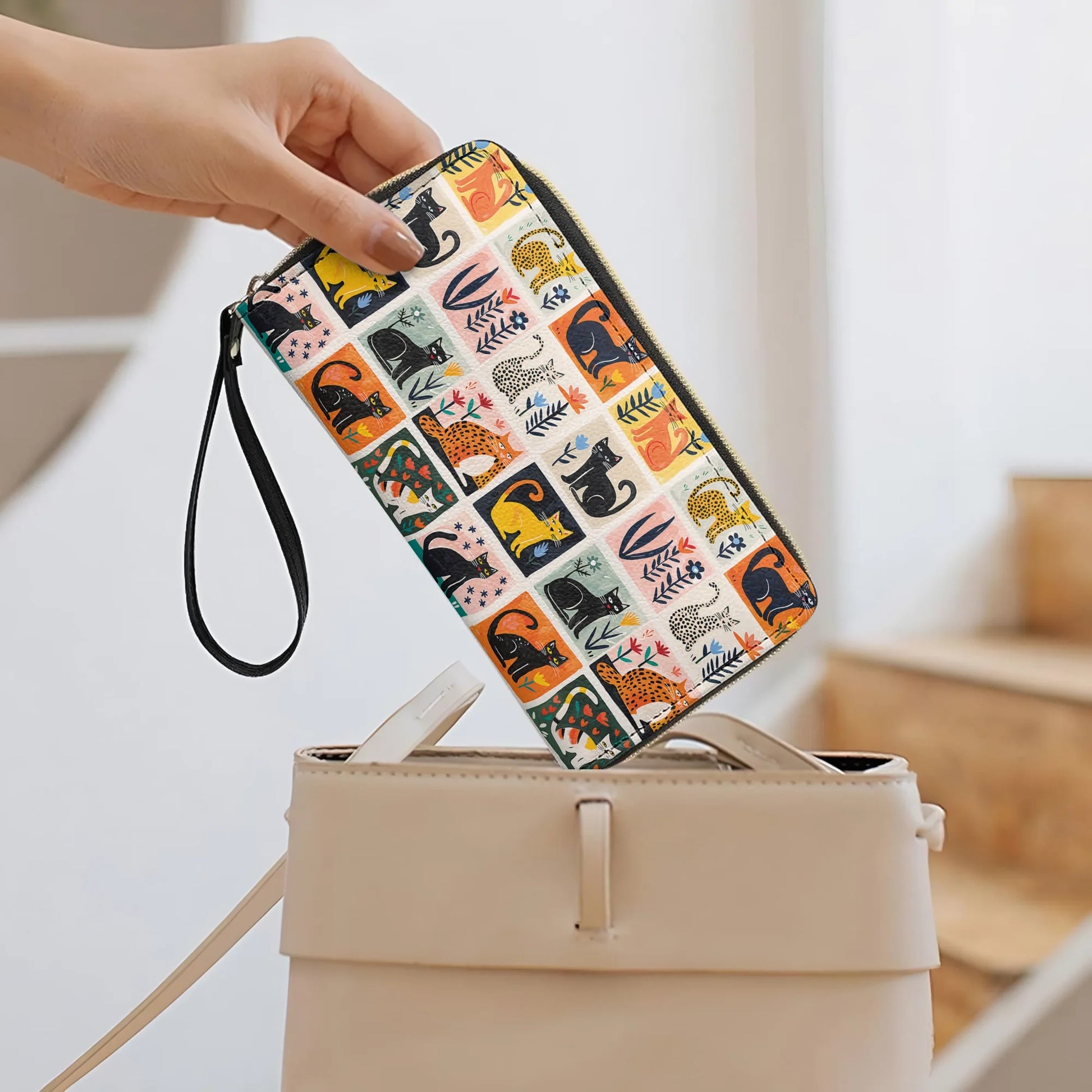  Leather Clutch Purse With Wristlet Strap Handle Cat Fantasy Garden
