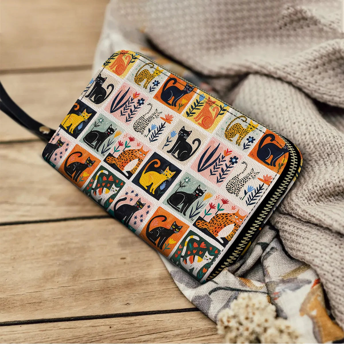  Leather Clutch Purse With Wristlet Strap Handle Cat Fantasy Garden