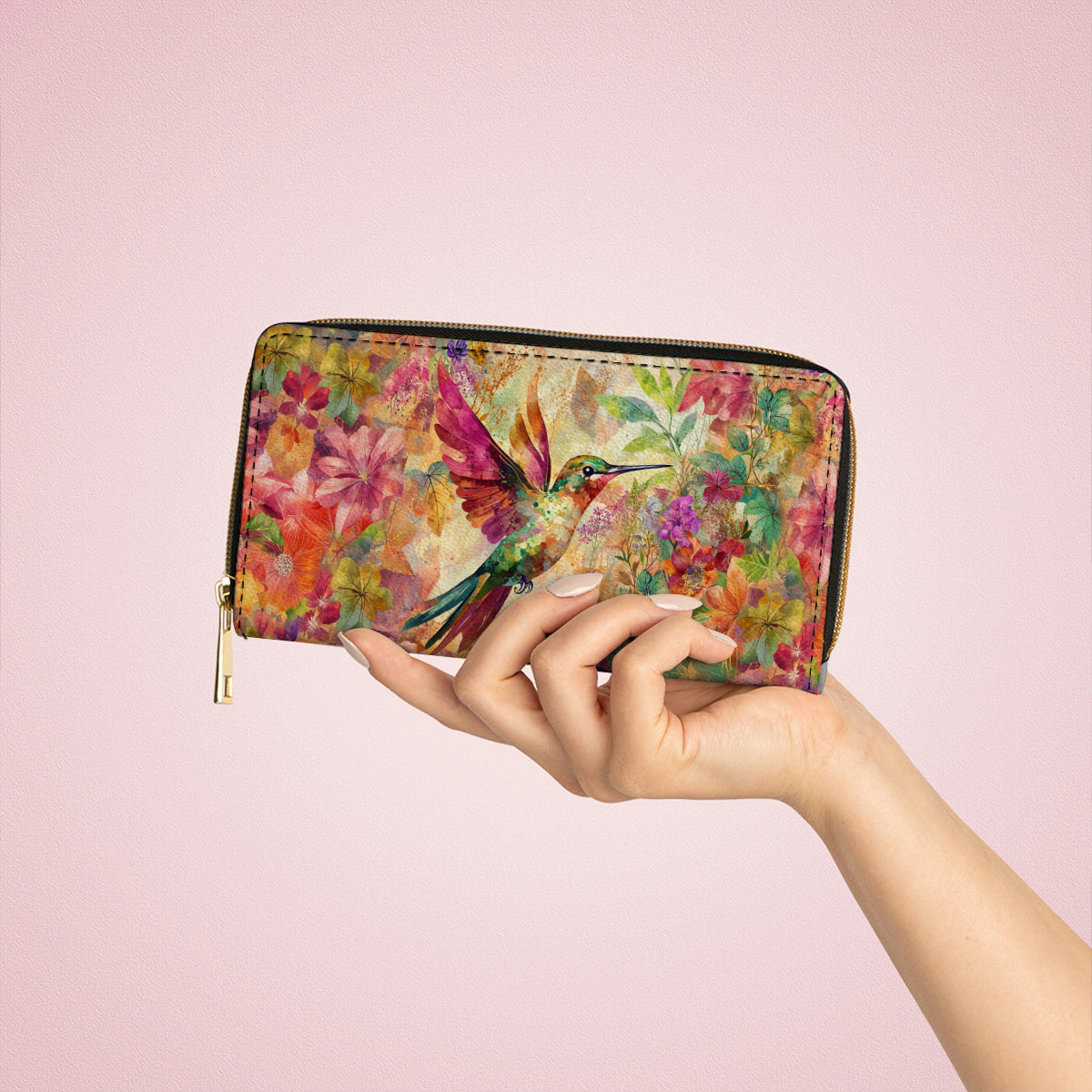  Leather Clutch Purse With Wristlet Strap Handle Hummingbird Bliss