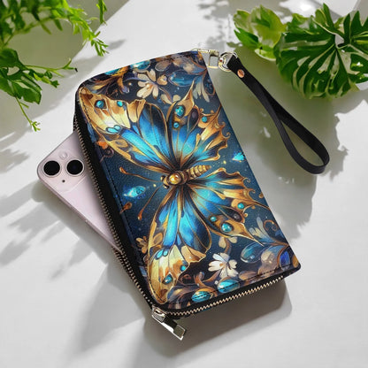  Leather Clutch Purse With Wristlet Strap Handle Butterfly Ethereal Radiance