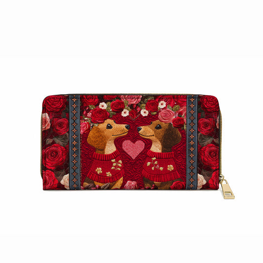  Leather Clutch Purse With Wristlet Strap Handle Heart Floral Dachshund Couple