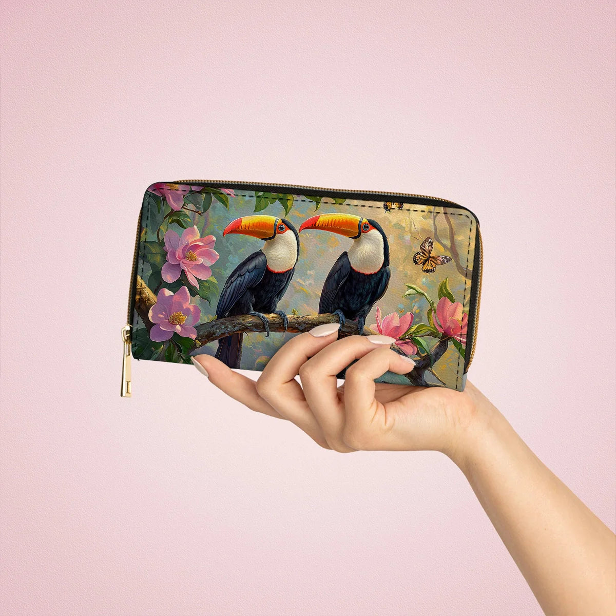  Leather Clutch Purse With Wristlet Strap Handle Tropical Toucan