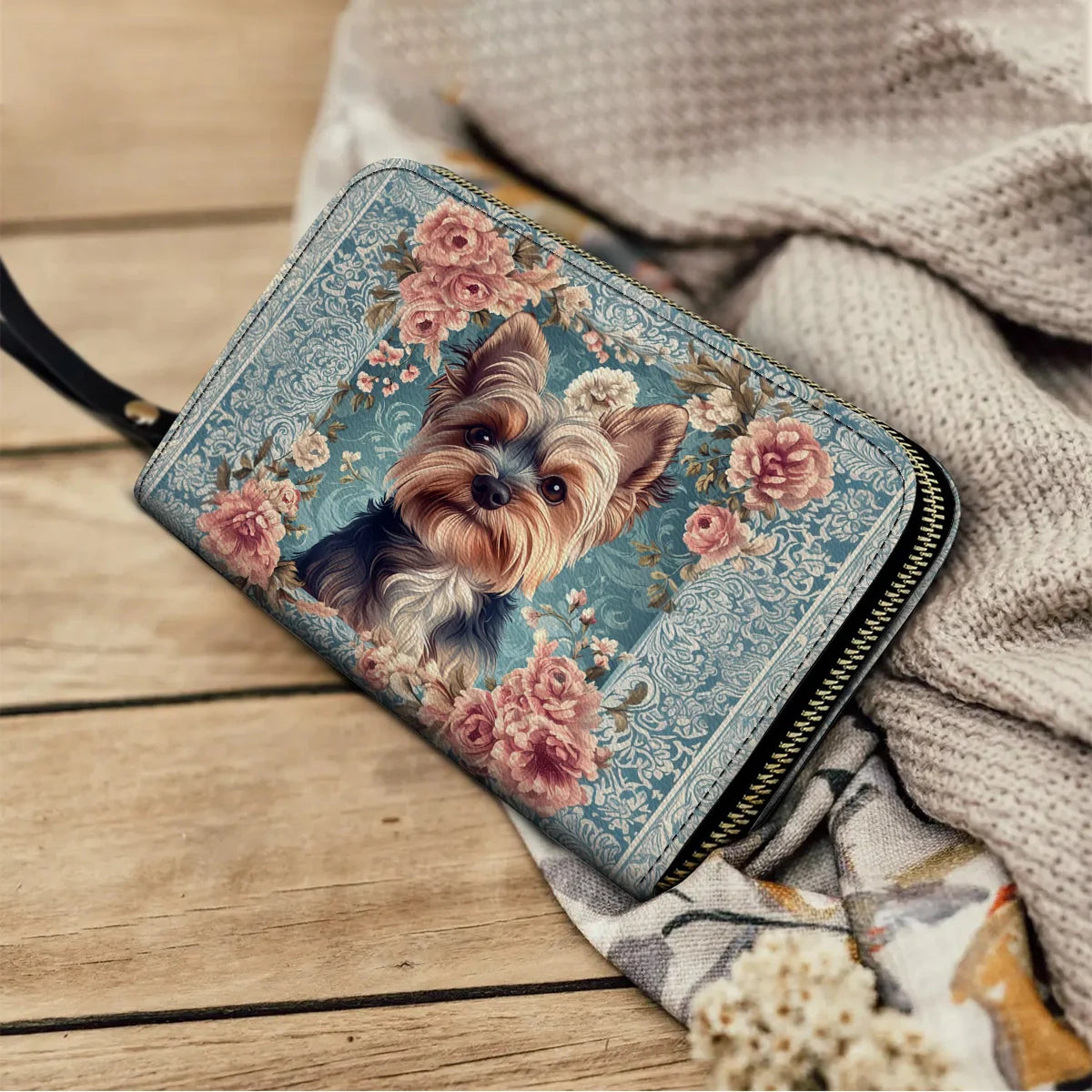  Leather Clutch Purse With Wristlet Strap Handle Yorkie Rose Bloom Elegance
