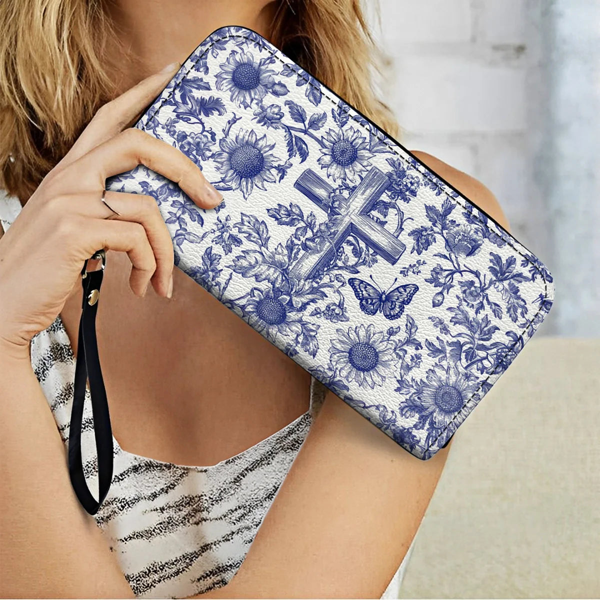  Leather Clutch Purse With Wristlet Strap Handle Sunflower & Cross Blessing