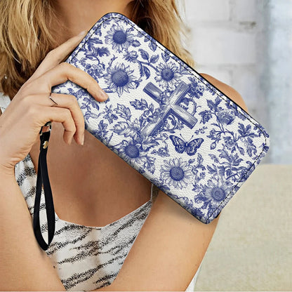  Leather Clutch Purse With Wristlet Strap Handle Sunflower & Cross Blessing