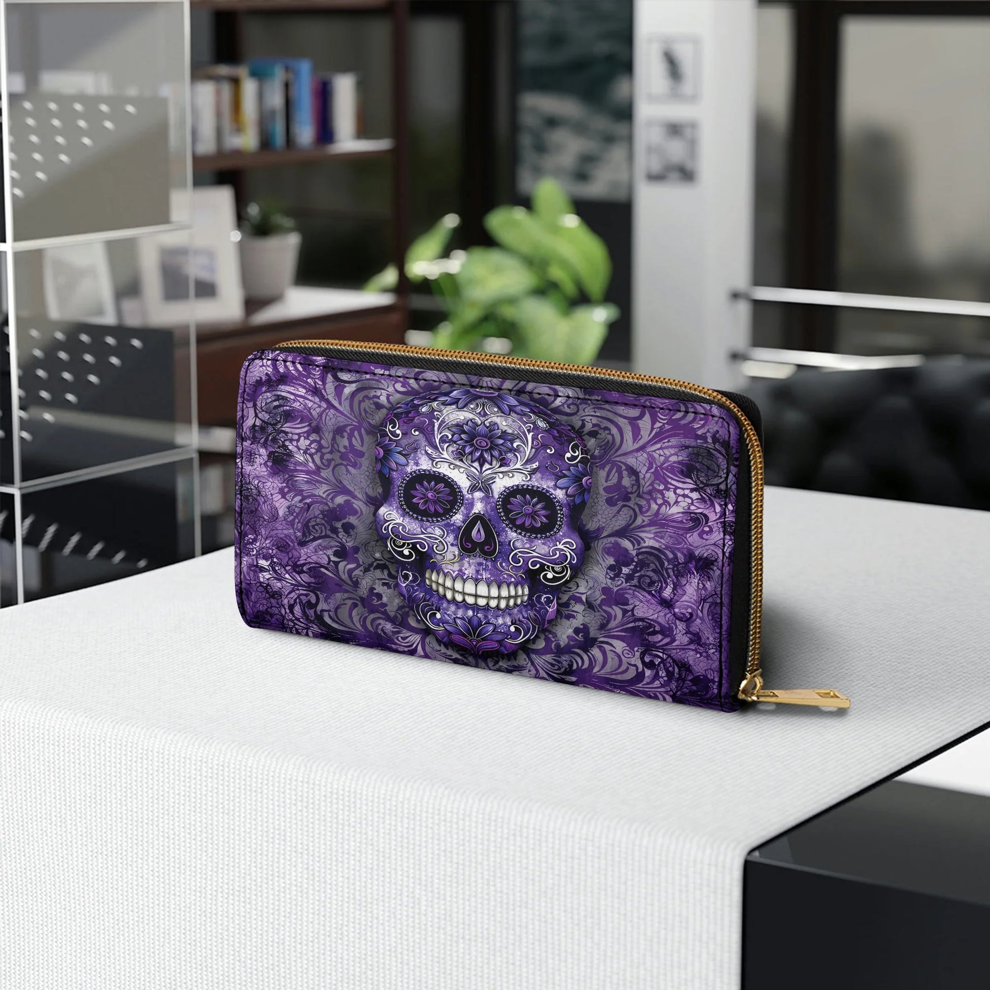  Leather Clutch Purse With Wristlet Strap Handle Gorgeous Mandala Skull