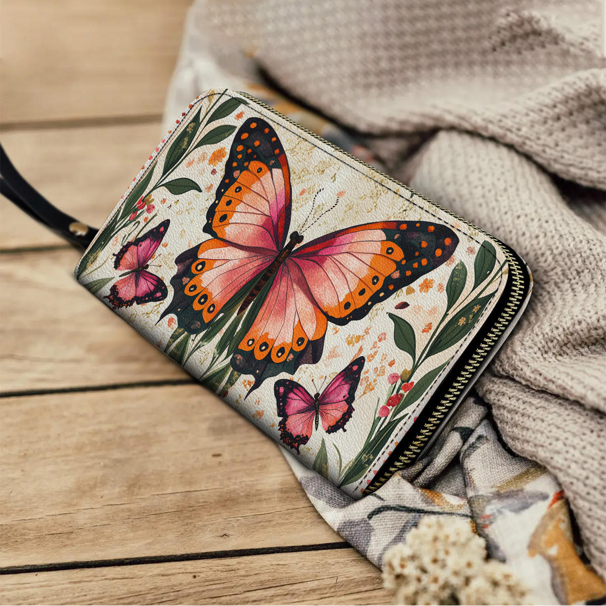  Leather Clutch Purse With Wristlet Strap Handle Winged Elegance