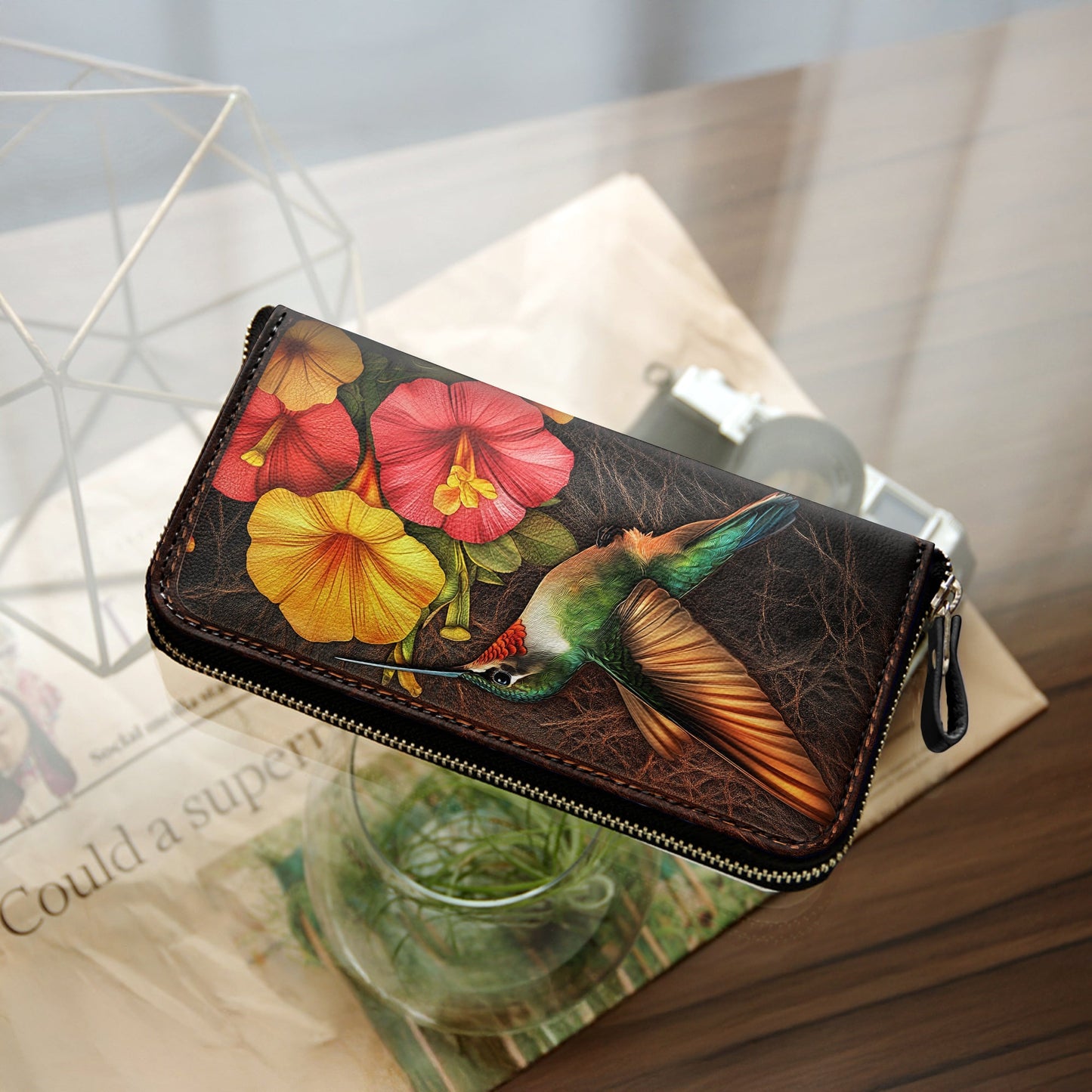  Leather Clutch Purse With Wristlet Strap Handle Tropical Hummingbird