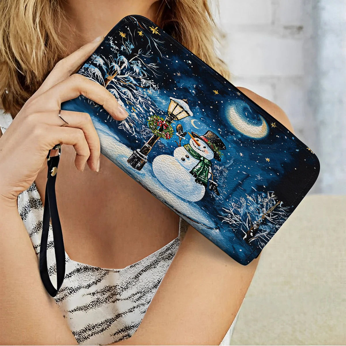  Leather Clutch Purse With Wristlet Strap Handle Frosty Night