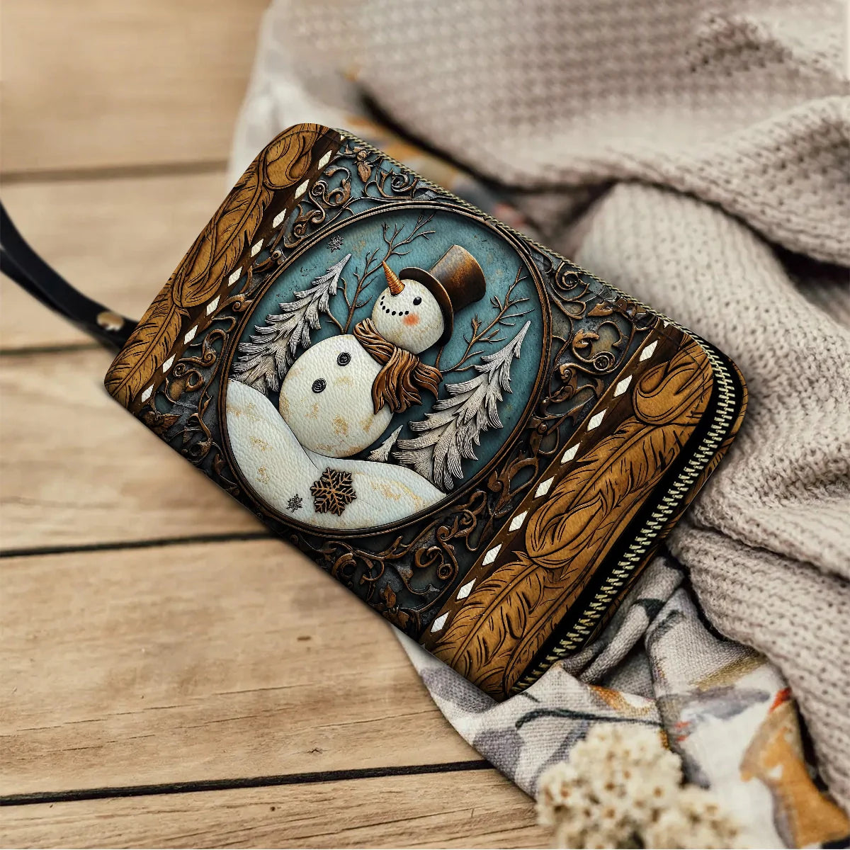  Leather Clutch Purse With Wristlet Strap Handle Holiday Cheer