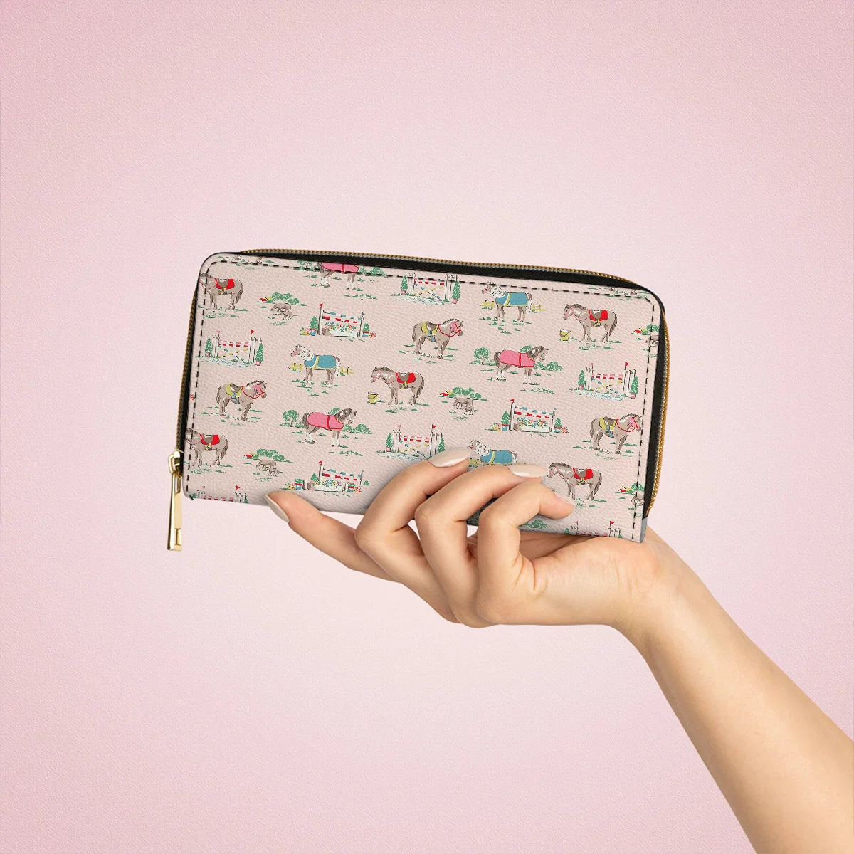  Leather Clutch Purse With Wristlet Strap Handle Horse Racing
