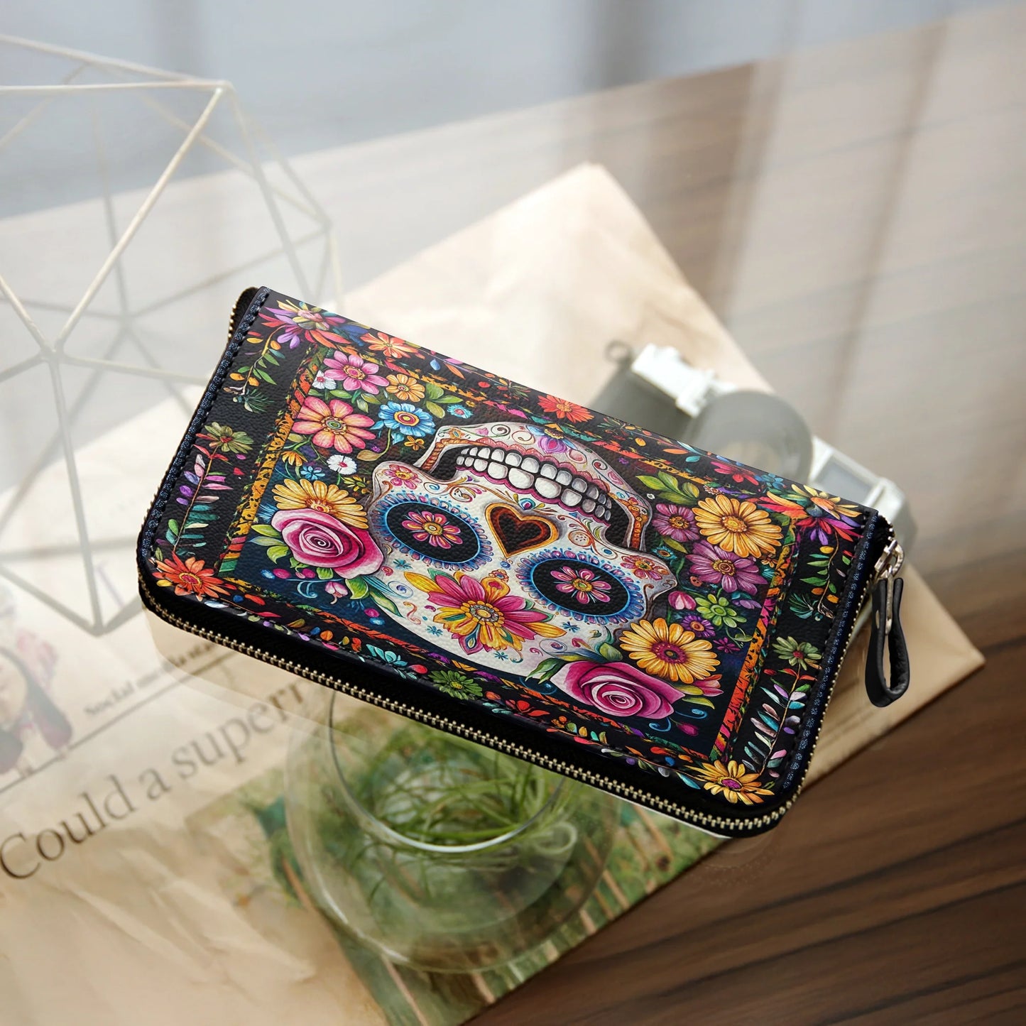  Leather Clutch Purse With Wristlet Strap Handle Calavera Floral Dreams