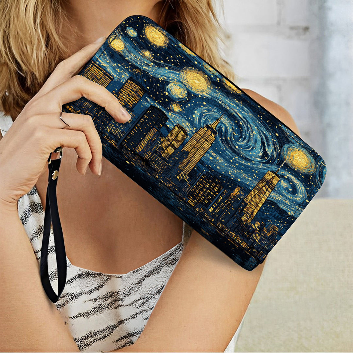  Leather Clutch Purse With Wristlet Strap Handle Starry Skyline