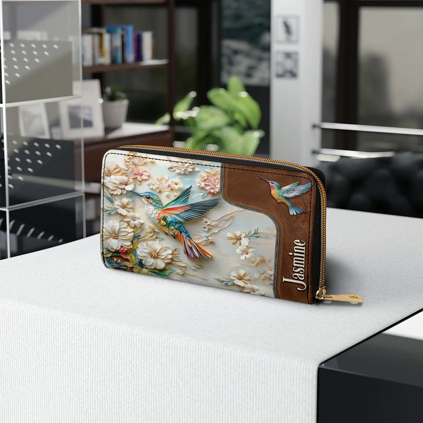  Leather Clutch Purse With Wristlet Strap Handle Personalized Wings of Bloom