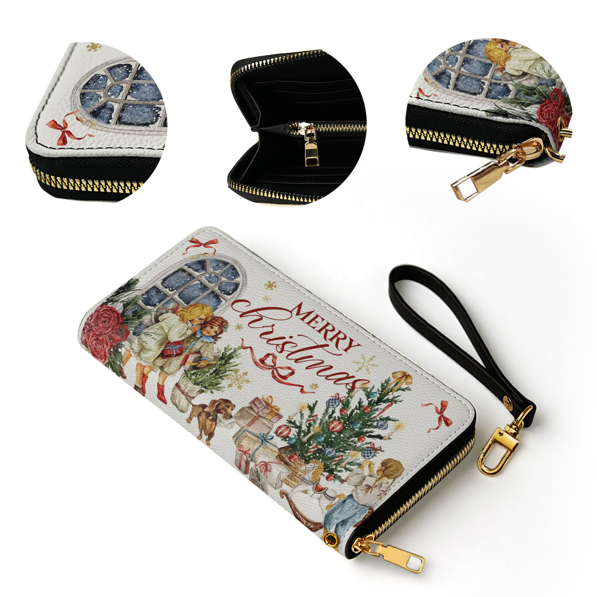  Leather Clutch Purse With Wristlet Strap Handle Holiday Nostalgia