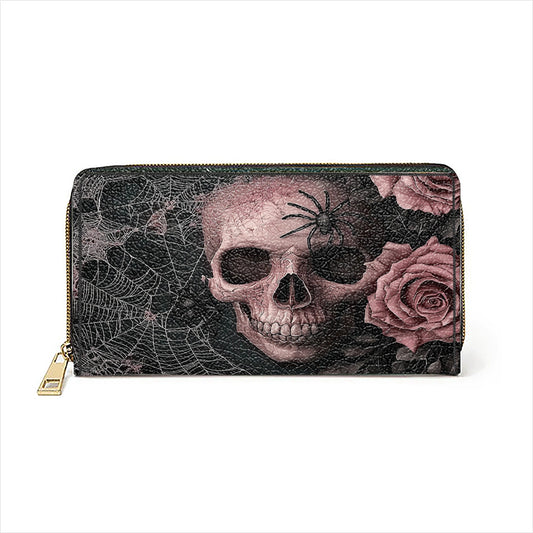  Leather Clutch Purse With Wristlet Strap Handle Eternal Bloom Skull