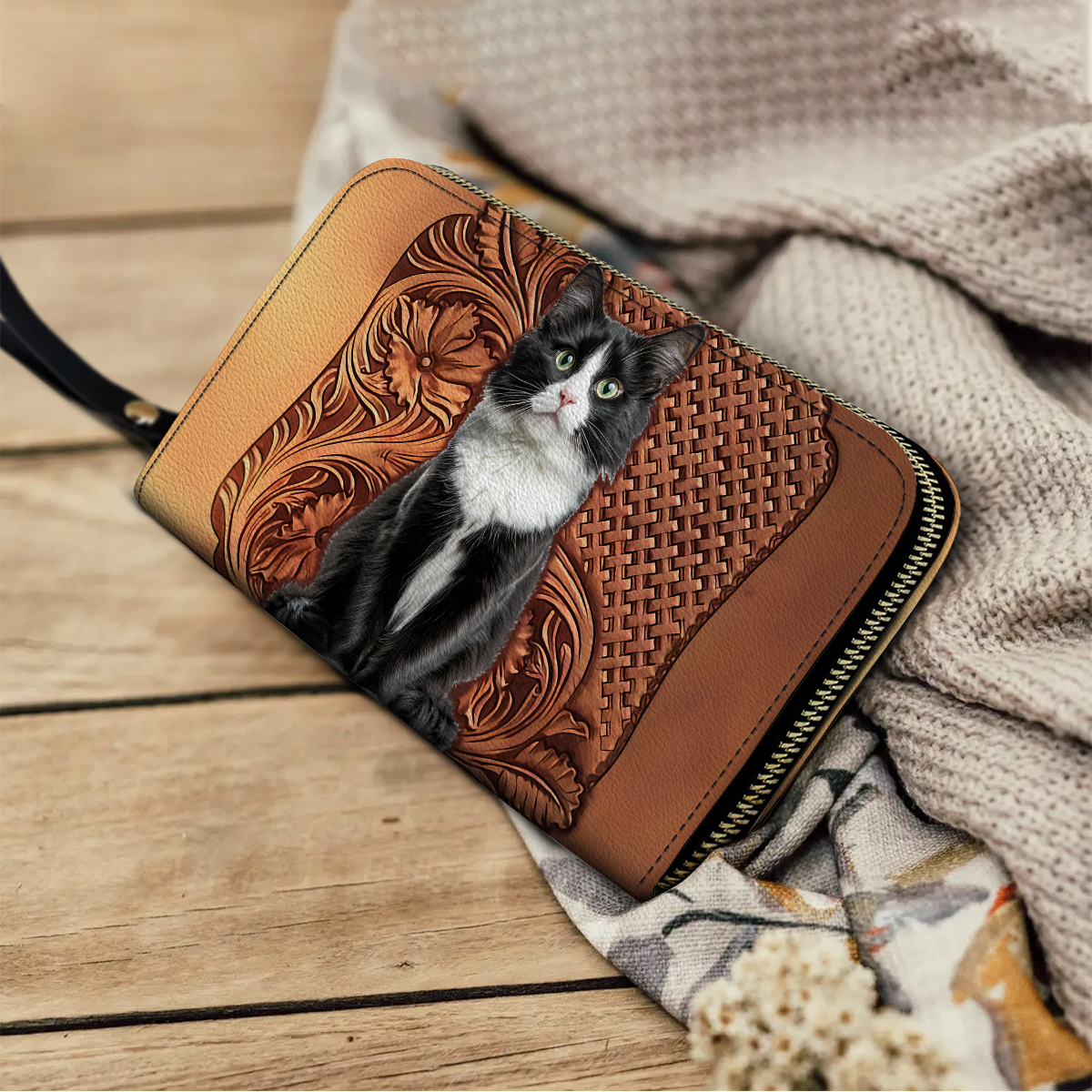  Leather Clutch Purse With Wristlet Strap Handle Tuxedo Charm