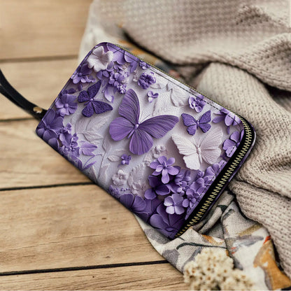  Leather Clutch Purse With Wristlet Strap Handle Violet Flutterby Dreams