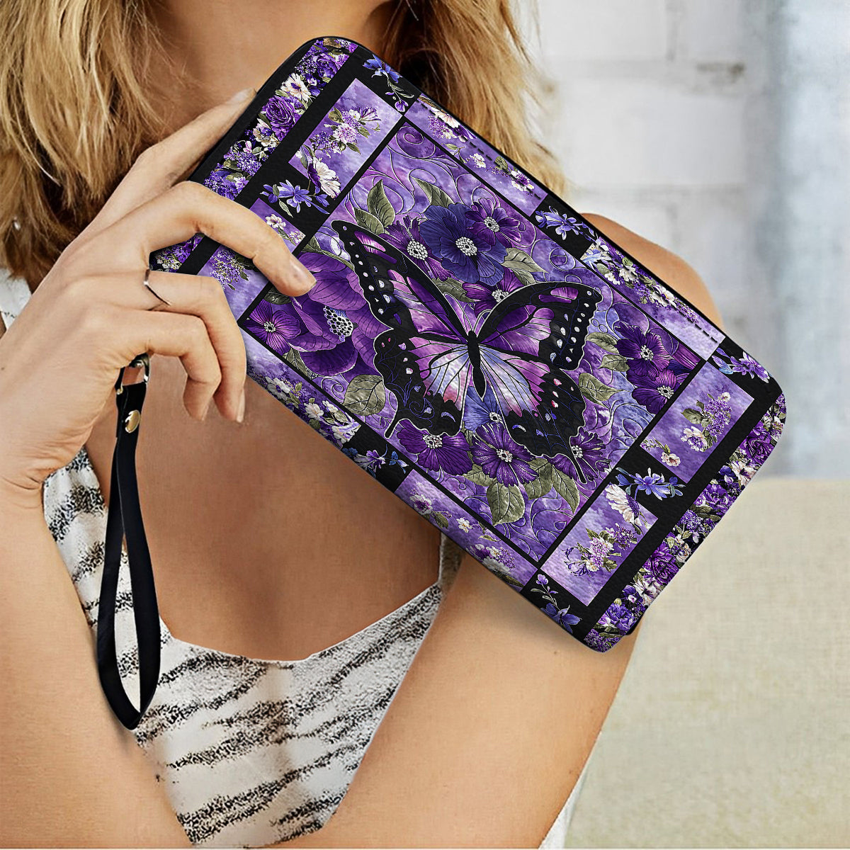  Leather Clutch Purse With Wristlet Strap Handle Gorgeous Purple Butterfly Flowers