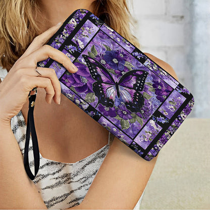  Leather Clutch Purse With Wristlet Strap Handle Gorgeous Purple Butterfly Flowers